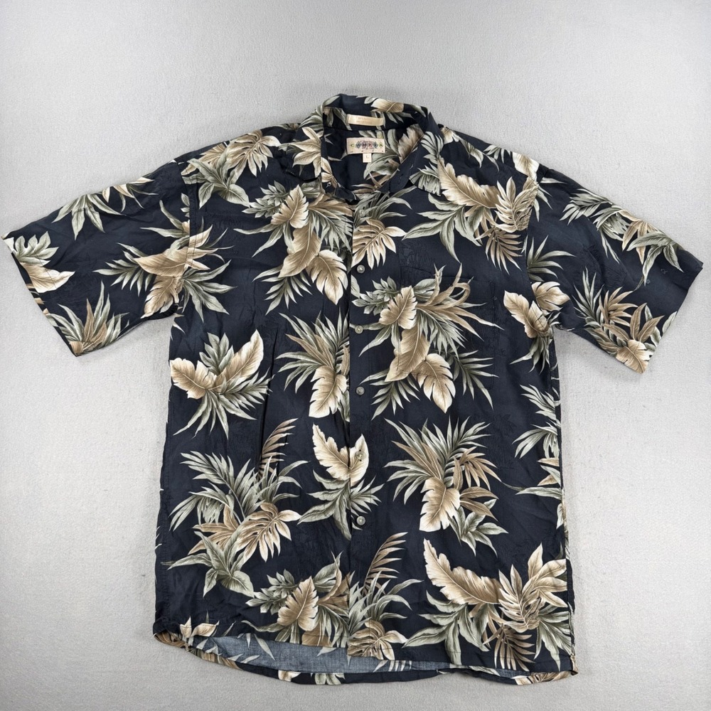 VTG Campia Moda Mens Large Black Rayon Tropical Leaf Print Short Sleeve Button